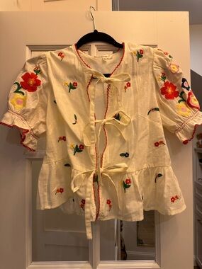 NWT Embroidered Tie-Front Peplum Blouse in Cream with Multicolored Flowers
